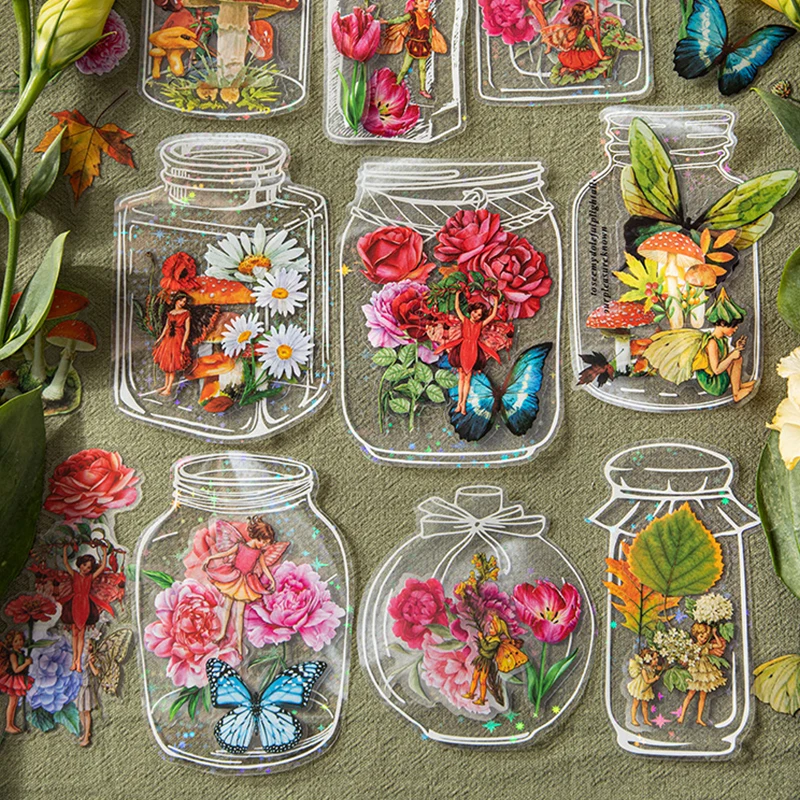 Clear Bottle Plant Floral Background Kawaii Stickers Vintage DIY Scrapbooking Supplies Decorative Stationery Sticker 8 Colors