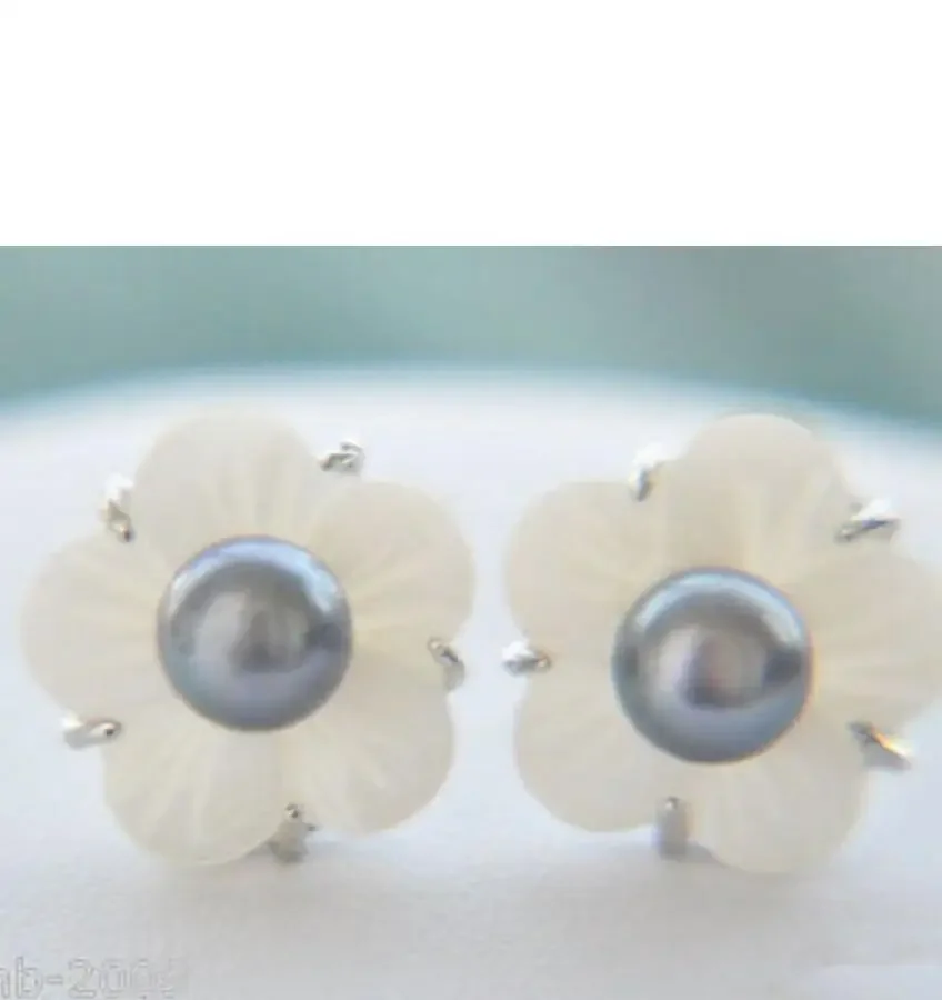 

Natural 6-7mm Black Freshwater Pearl Shell Flower 925 Sterling Silver Earrings
