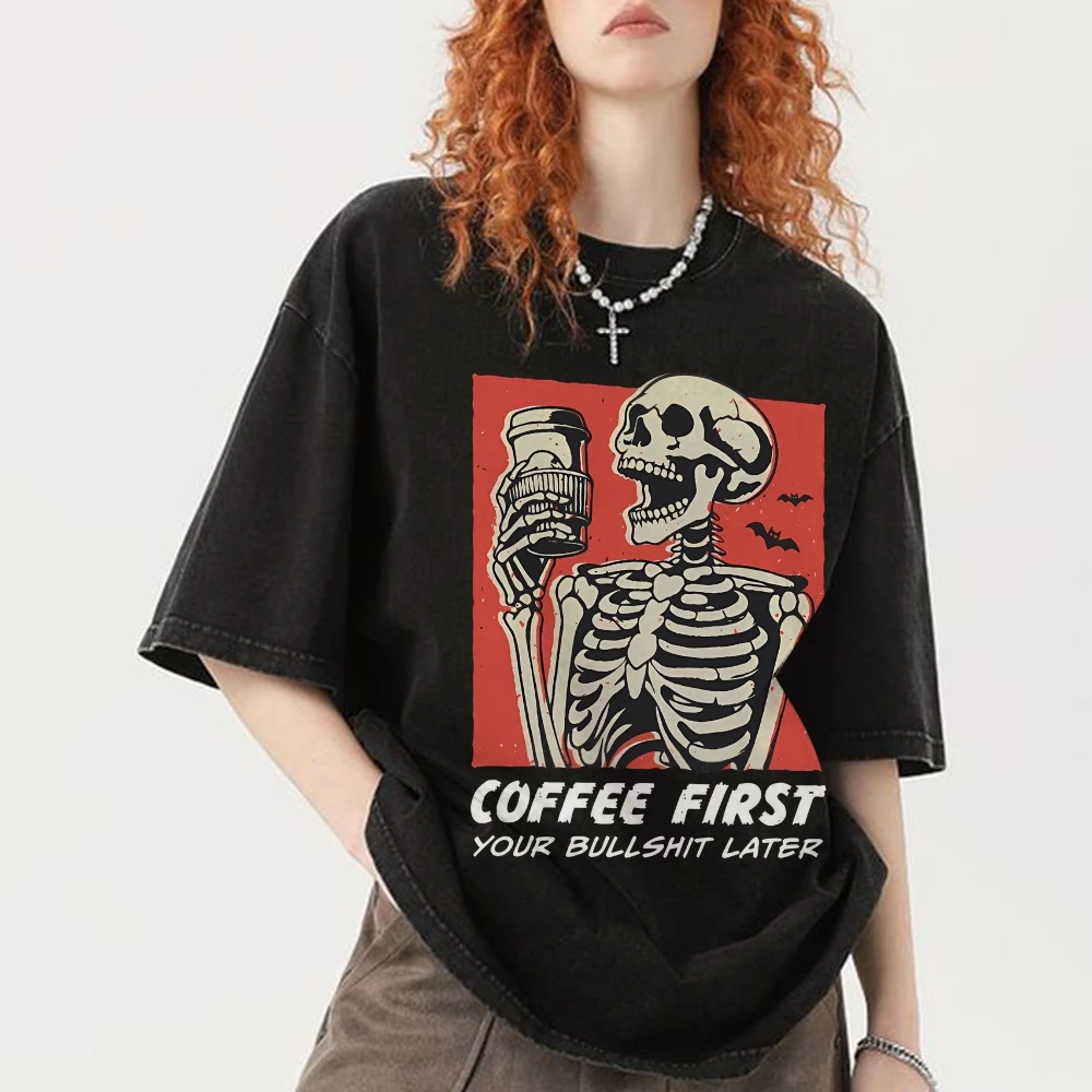 

Gothic Halloween Shirt Coffee First Your Bullshit Later T-Shirts Vintage Skeleton Tee Womens Clothing Shirts Retro y2k T-Shirt