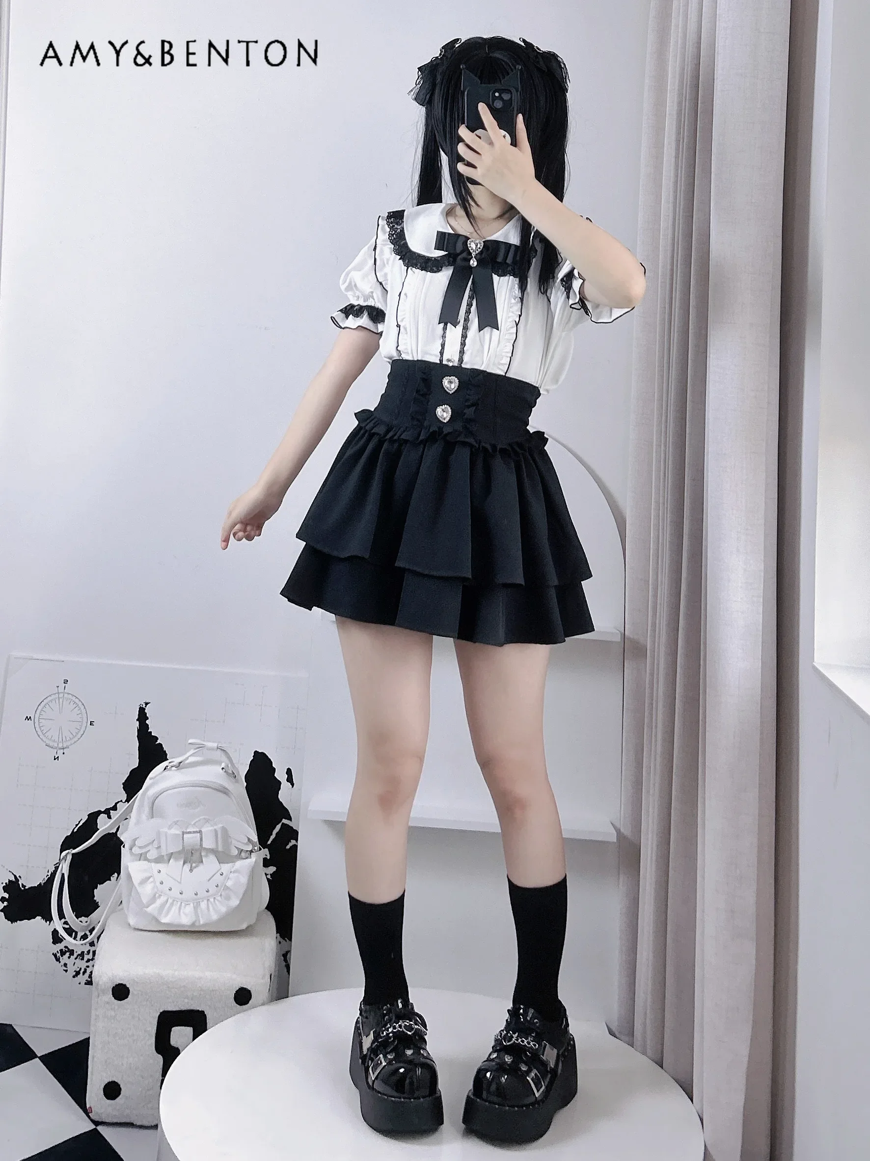 Lolita Love Rhinestone Skirt Mass-produced Mine Series Japanese Kawaii Slim Double-layer Skirt Women Cute Versatile Mini Skirt