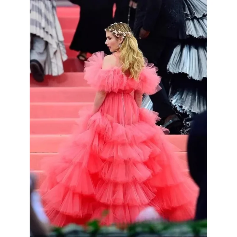 

Новинка: Модное женское вечернее платье с открытыми плечами, розовое, из сетки, с драпировкой на талии, для красной дорожки, пышное, для вечеринок