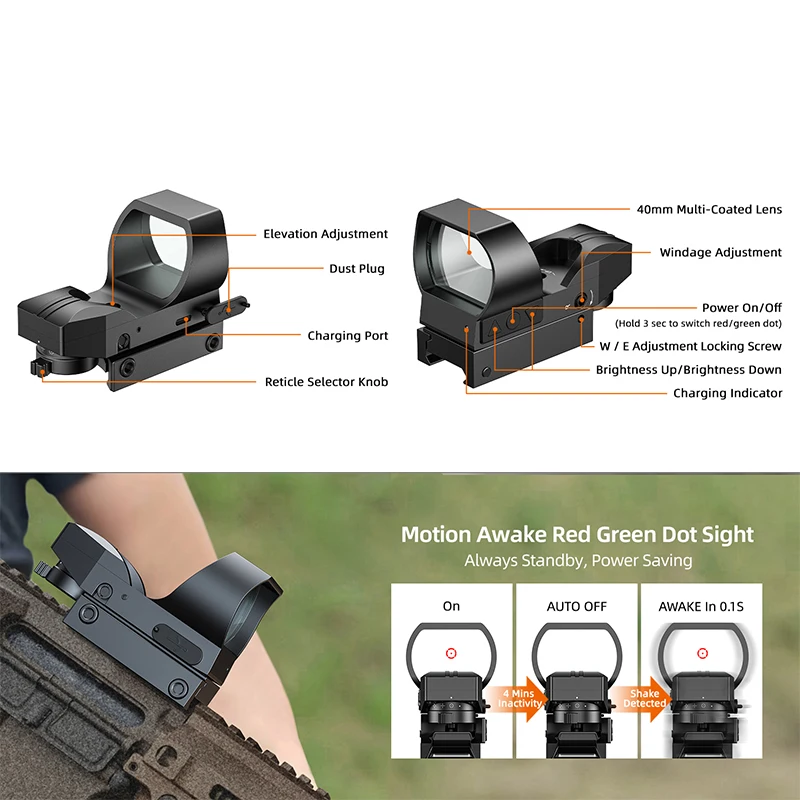 

EZshoot Rechargeable Multiple Reticle Red Green Dot Sight Motion Awake Scope Optics for 20mm Picatinny Rail Absolute Co-Witness