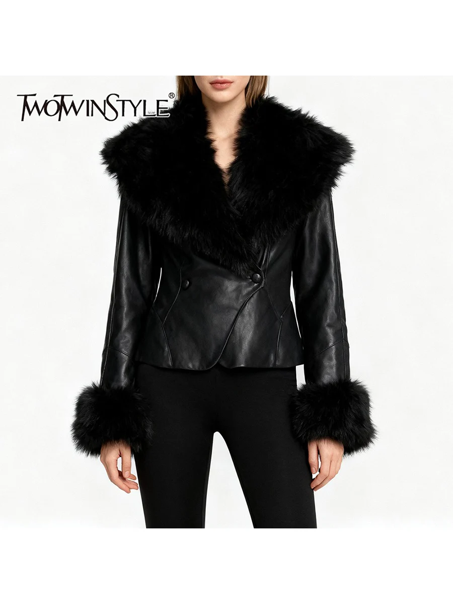 TWOTWINSTYLE Slimming Spliced Fur Collar Fashion Short Jackets for Women Lapel Long Sleeves Tunic Leather Jacket Female Clothing
