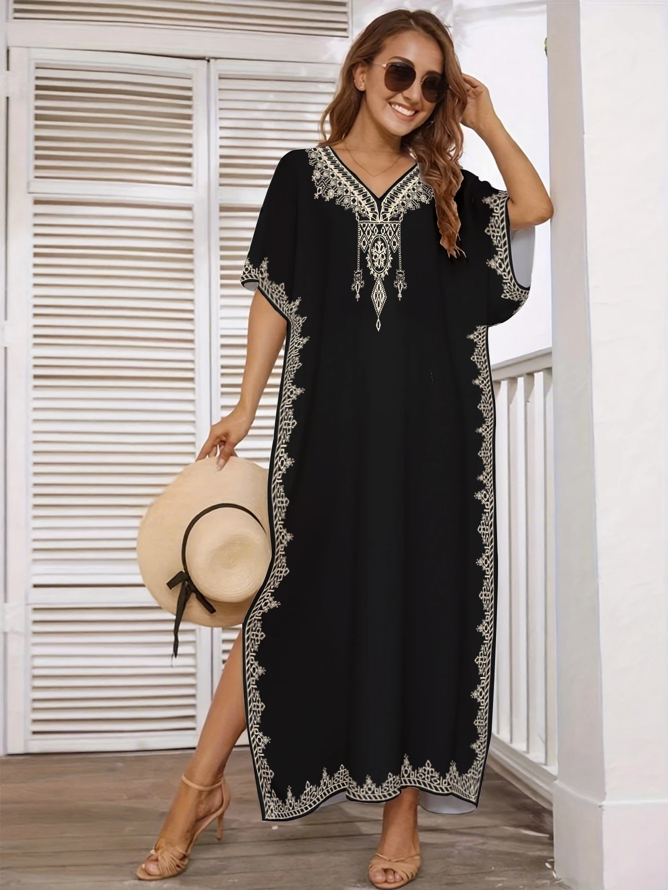 

Boho Ethnic Print Kaftan Dress, Loose Batwing Sleeve Maxi Cover Up, Vintage V-Neck Vacation Robe for Beach