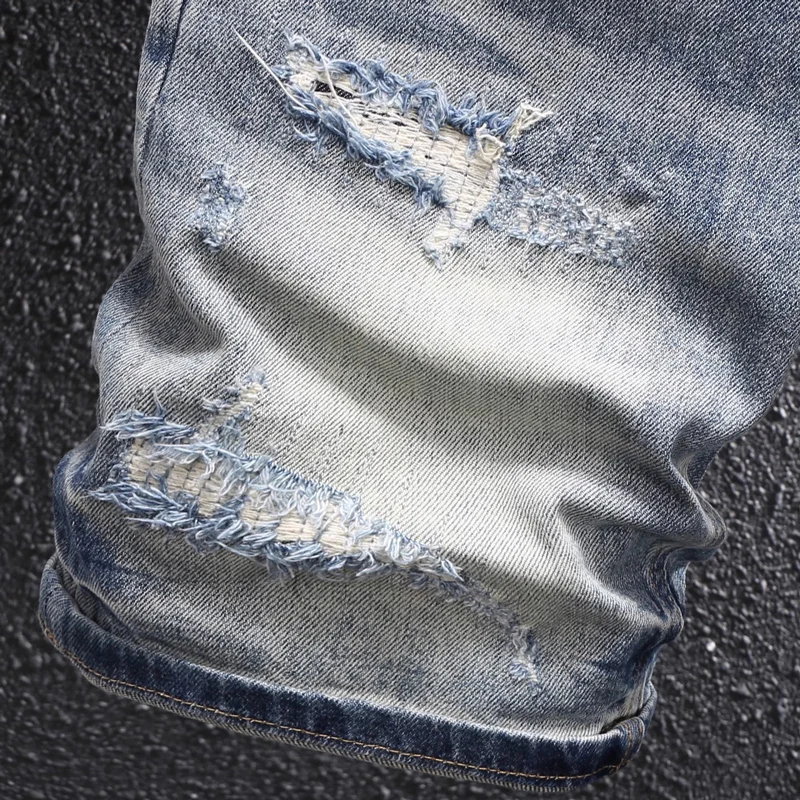 Summer Designer Fashion Men Jeans Retro Washed Blue Stretch Ripped Denim Shorts Men Y2K Embroidery Patched Vintage Shorts Hombre