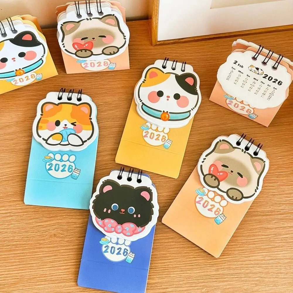 Cute Mini 2026 Desk Calendar Coil Portable Schedule Planner Schedule Mark Cartoon Cat Daily Planner Office Desk Accessories