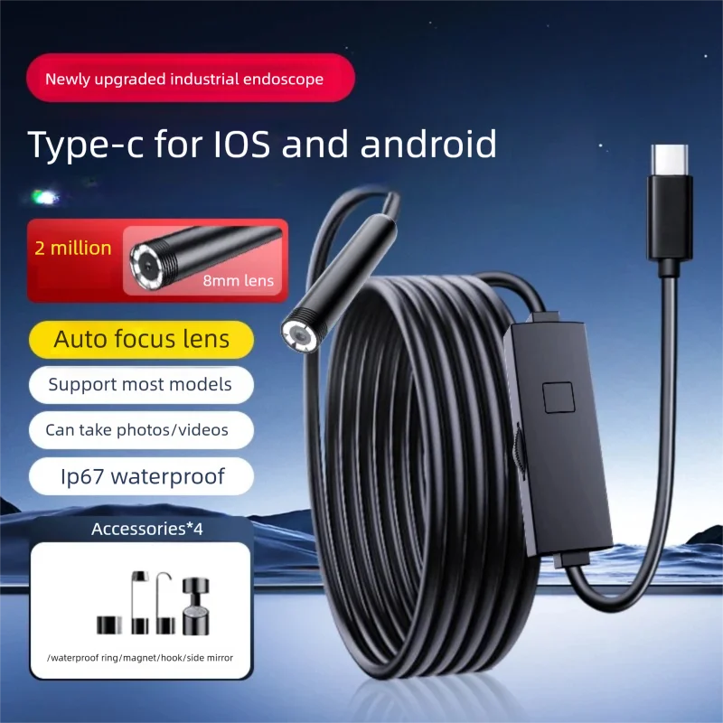 Autofocus 200w HD industrial endoscope 8LEDs semi-rigid cable for automotive pipeline inspection for Android & iOS Phones