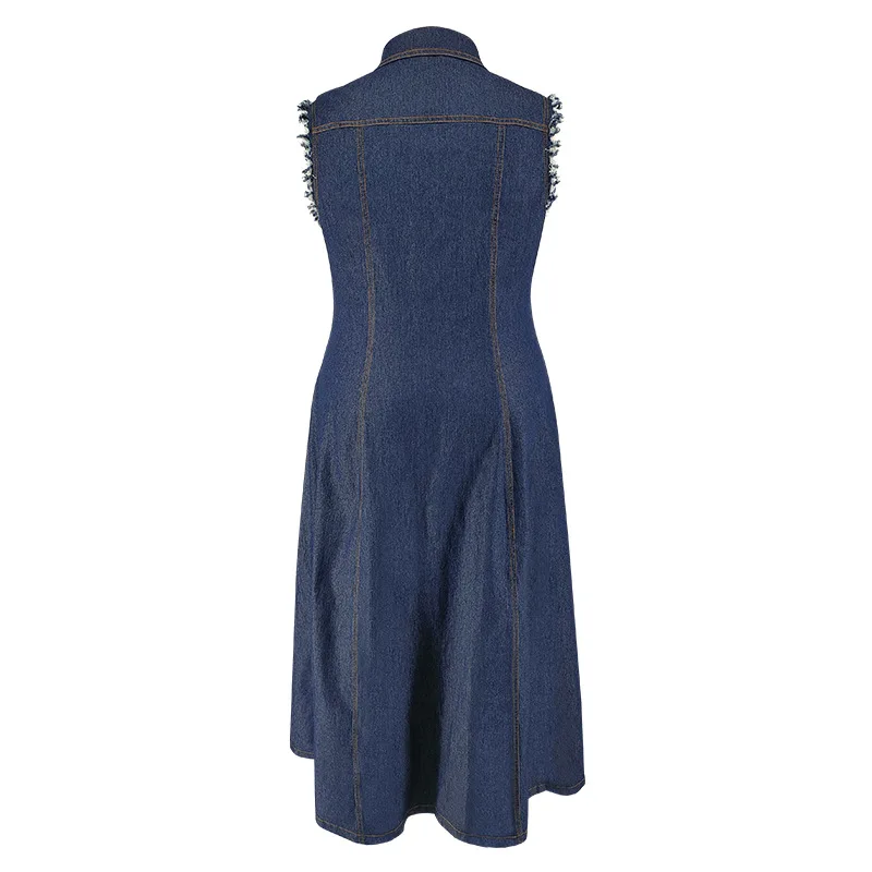 2025 zomer knop plus size shirt denim jurk vrouwen turn-down kraag grote jean jurk dames grote mouwloze geplooide lange jurk