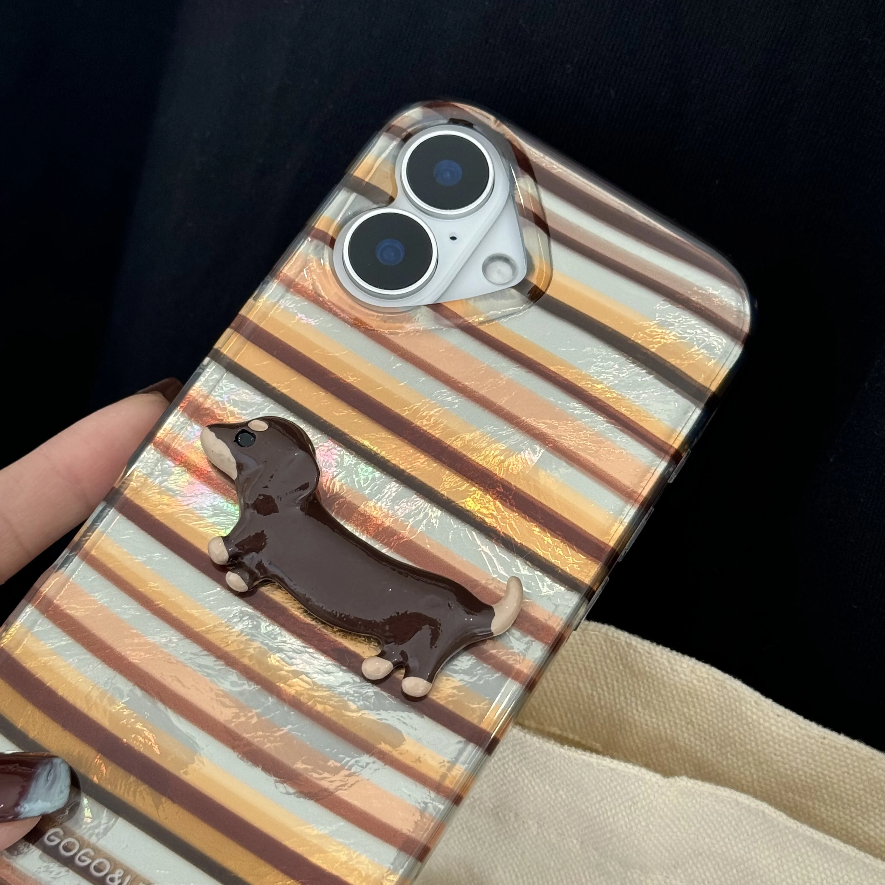 Cartoon INS 3D Stripes Sausage Dog Sticker Dual-layer Chic Phone Case for iPhone 16 15 14 13 Pro Max Back Phone Cover Capa