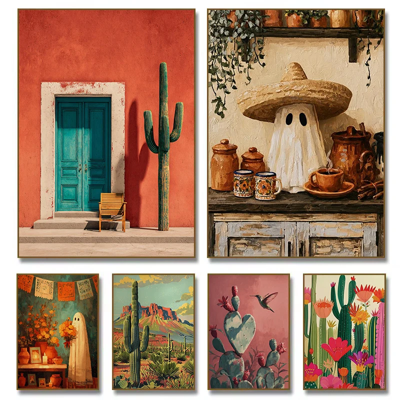 Boho Mexican Cactus Heart Nopales Hummingbird Southwest Cute Ghost Poster Canvas Painting Wall Art Pictures Home Decor