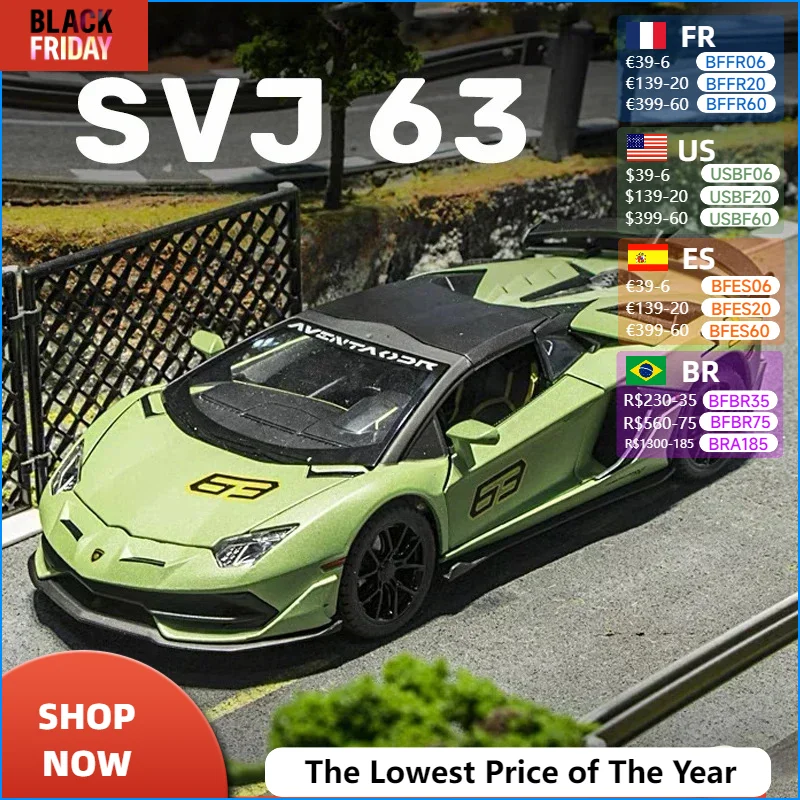 1:24 Lamborghini Aventador SVJ 63 Alloy Car Model Diecast Car Sound Light Car Lovers Collection Kids Birthday Gift Boys Toys