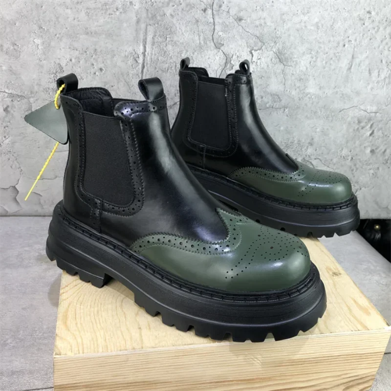 Nowe modne męskie buty Patchwork modne skórzane botki na co dzień Street Youth Chelsea Boots grube dno buty motocyklowe