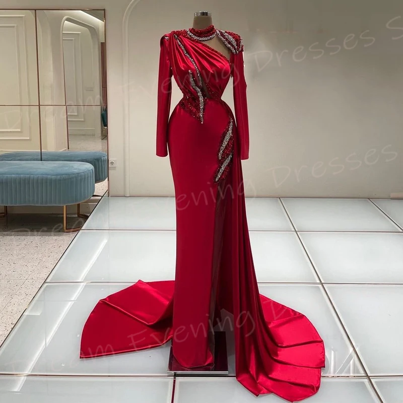 

Generous Fascinating Red Mermaid Beautiful Women's Evening Dresses Modest High Neck Long Sleeve Prom Gowns Beaded Abiye Elbise