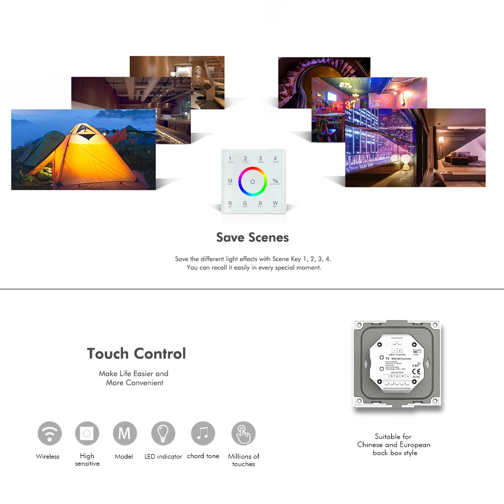 2.4G Glass Touch Panel LED Controller 12V 24V EU Wall Mounted Dimmable for 5050 2835 Single Color CCT WWCW RGB RGBW Strip Light