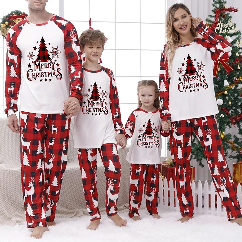 

Matching Family Christmas Pajamas Set Festive Long Sleeve Round Neck Tree Print Tops and Trousers for Parents and Children