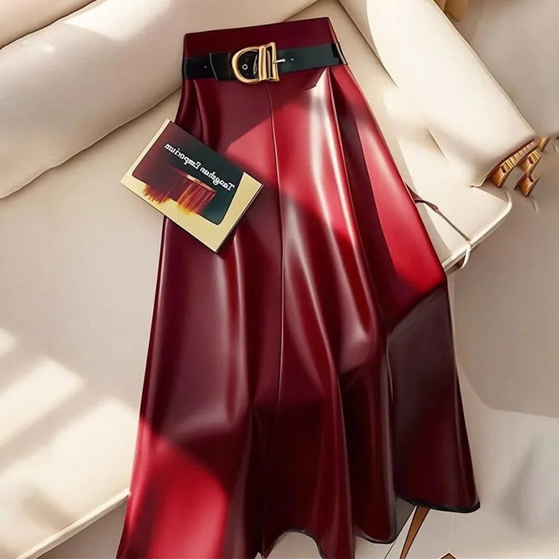 Autumn Winter Skirt Women 2024 New Plus-Size PU Leather Skirt Female Fashion Long Pleated Wine Red A-Line Skirts