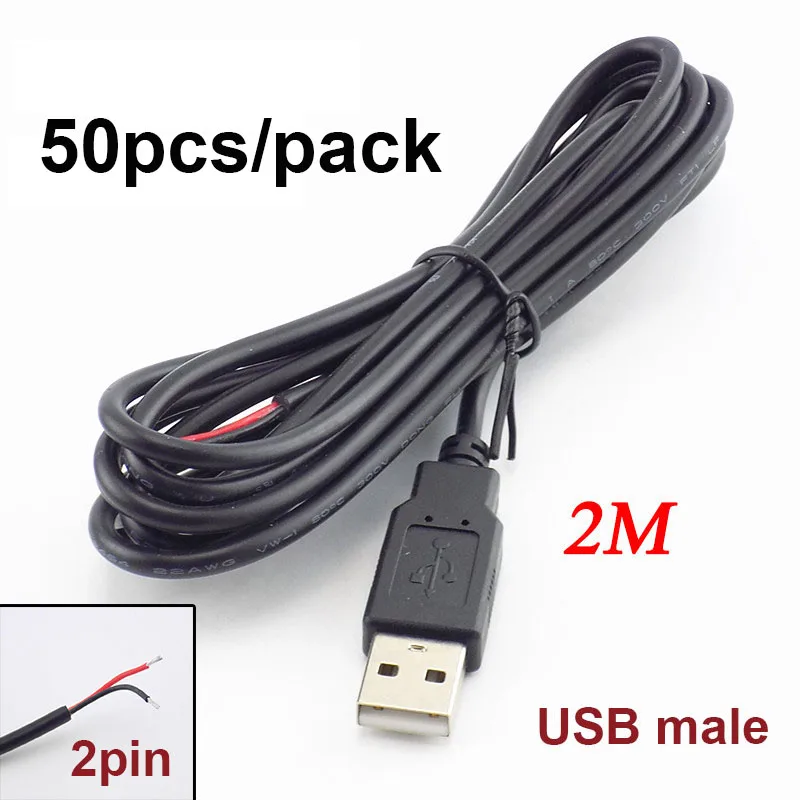 50pcs/pack 2M Line 5V USB 2.0 Male Plug Jack 2-Pin 2-Wire diy usb Connector Cable Power Charge Extension Cable Cord