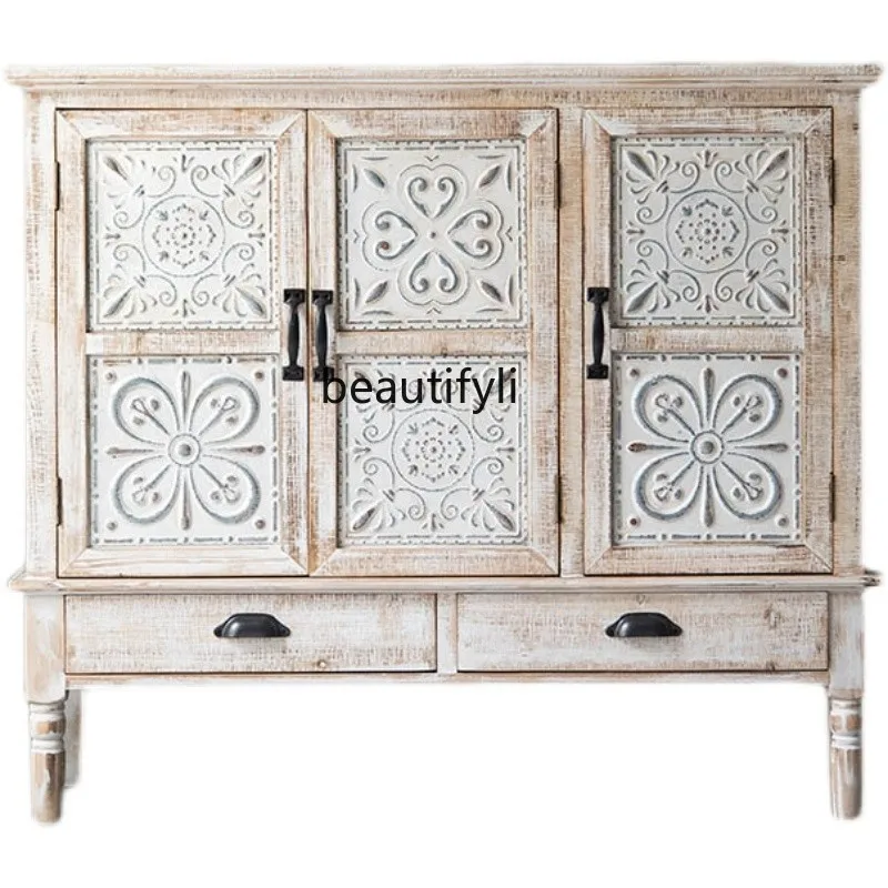 

American Country Chest of Drawers Entrance Cabinet Vintage Bedside Table Living Room Storage Cabinet Wall Solid Wood Locker