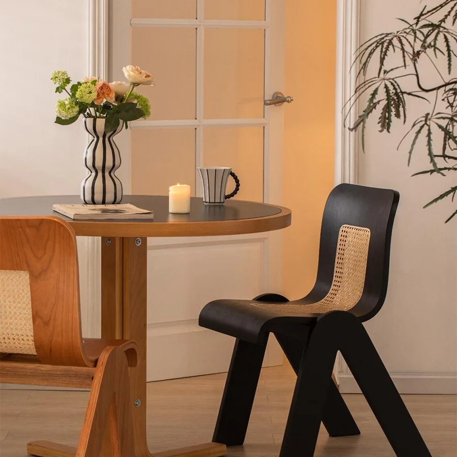 Solid wood dining chair household rattan C chair desk backrest retro dining table and chairs