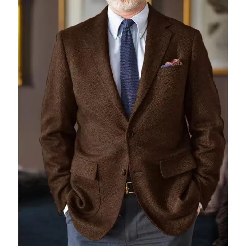 Nieuw in Jassen voor Mannen Visgraat Stof Mode Pak Notch Revers Twee-knoopsluiting Hoge Kwaliteit Luxe herenpak Pakken Hot
