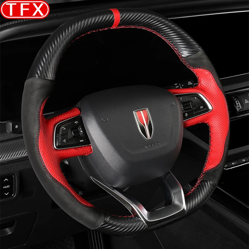 

For Hongqi HS5 2024 2023 2019-2022 Car Breathable Hand-sewn Leather Steering Wheel Cover Interior Modificated Auto Accessories