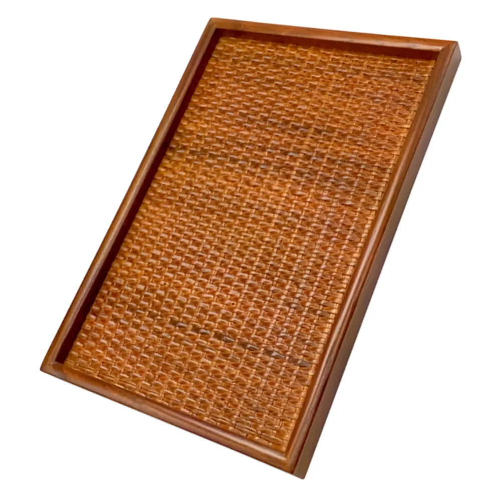 

1pc Solid Wood Tea Tray Coffee Cup Holder Fruits Snack Plate Decorative Brown Rattan Woven Storage Dish Multi Purpose Serving