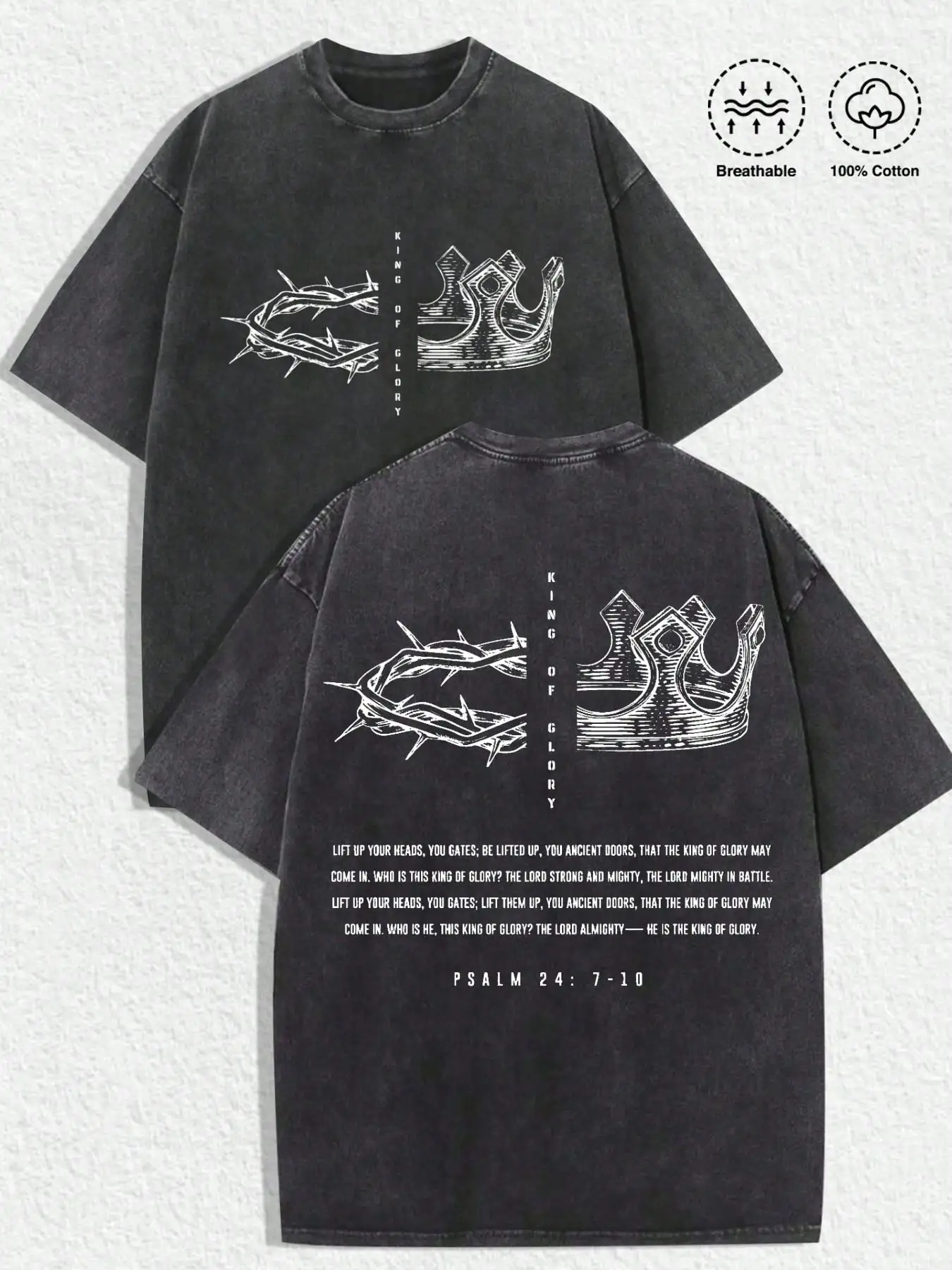 

Distressed Vintage Graphic Tee with Crown & Thorns Design, 100% Cotton, Unisex Fit