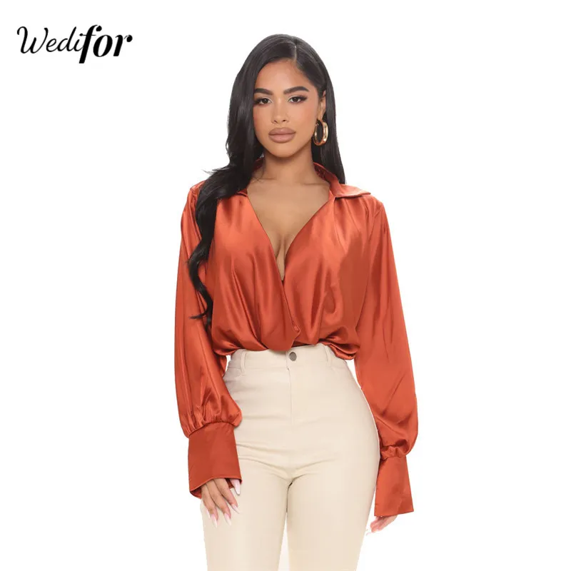 Wedifor Sexy Deep V Neck Long Sleeve Women Shirts Fashion Draped Solid Color Satin Blouse Elegant Fall Winter Ladies Tops