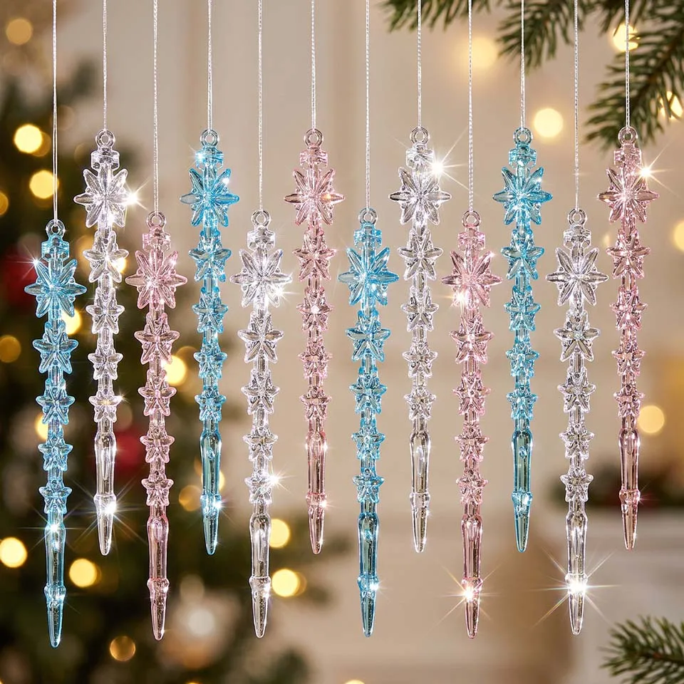 12/60pcs Transparent Snowflakes Ice Strip Pendants Crushed Ice DIY Acrylic Christmas Icicle Pendants Exquisite Icicle Pendant ﻿