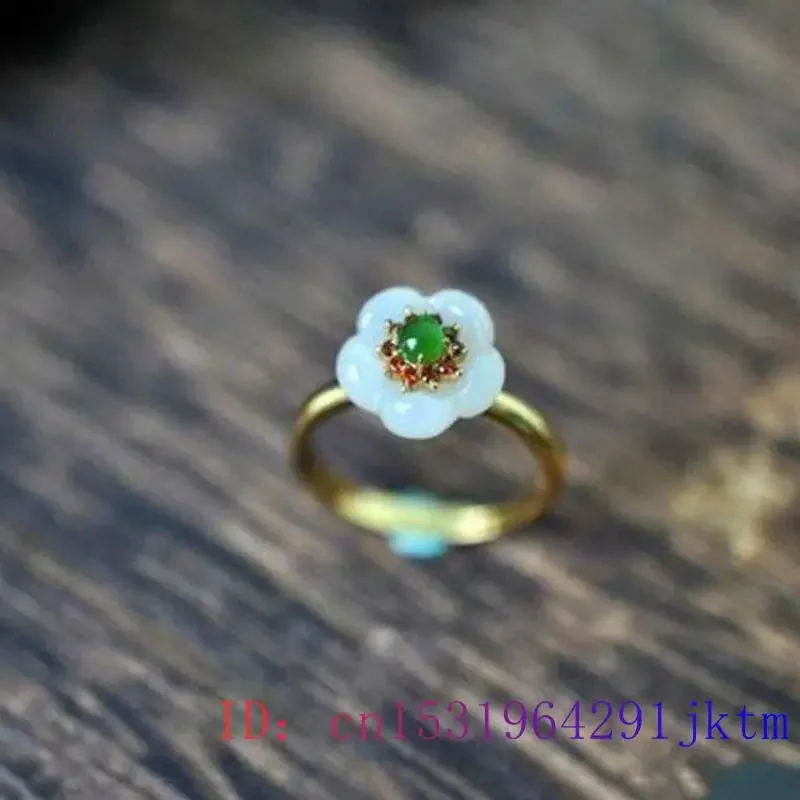 White Jade Flower Rings Real Charm Jewelry 925 Silver Adjustable Ring Women Carved Natural Charms Gift Amulet Talismans