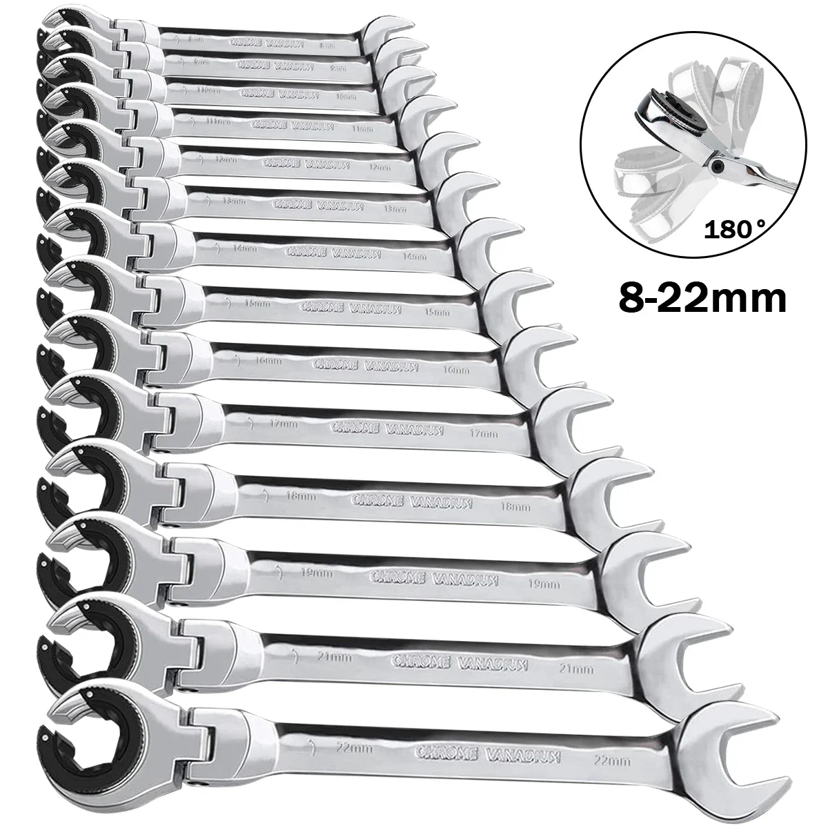 Llave de trinquete de cabeza flexible abierta, llave de trinquete métrica con 72 dientes, llave de trinquete de tubo de acero al cromo vanadio, 1 unidad