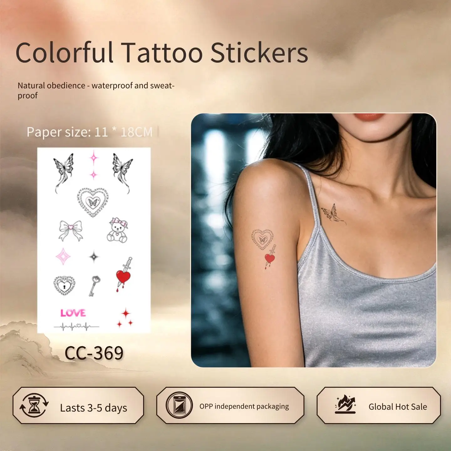 1 Sheet Per Pack Temporary Tattoo Sticker Waterproof Long Lasting Butterfly Heart Arm Collarbone for Women