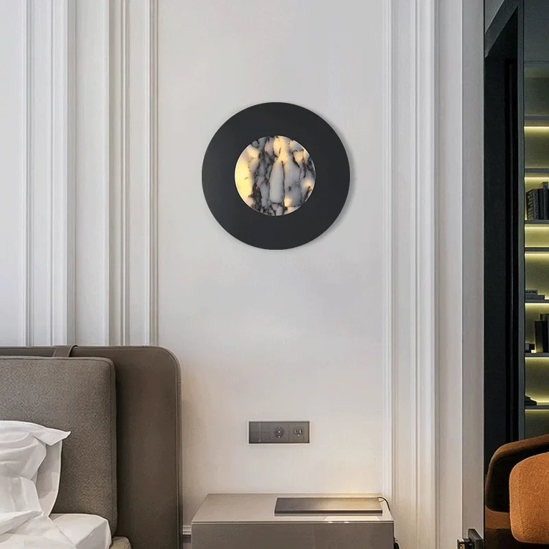 Round Luxury Natural Stone Alabaster Wall Lamp Living Room Marble Wall Sconce Decoration Atmosphere LED High-end LED Lights