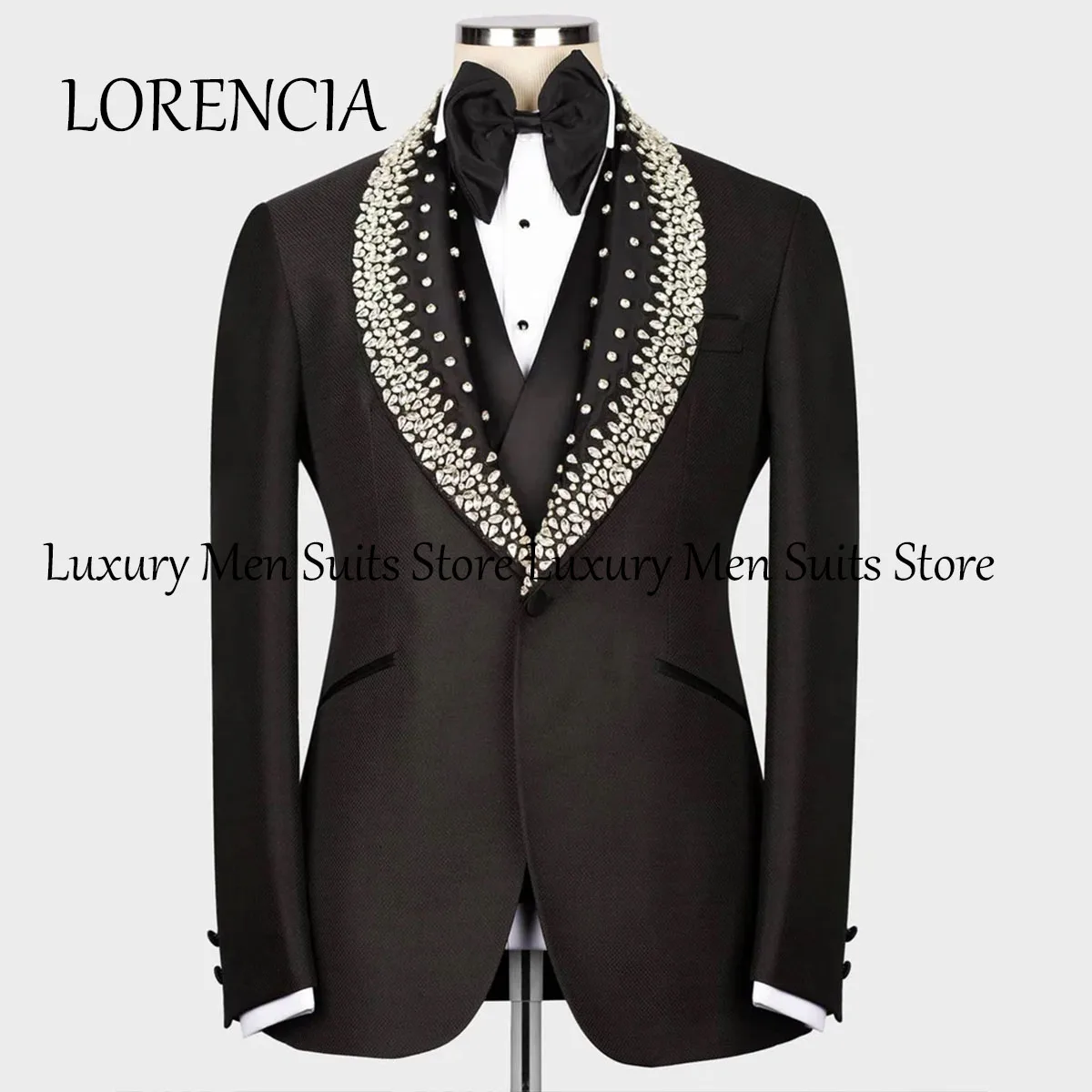 

Customized Luxury Black Men Suits Formal Crystals Beaded Wedding Groom Tuxedos Slim Shawl Lapel Male Prom Blazers 2 Pieces Set