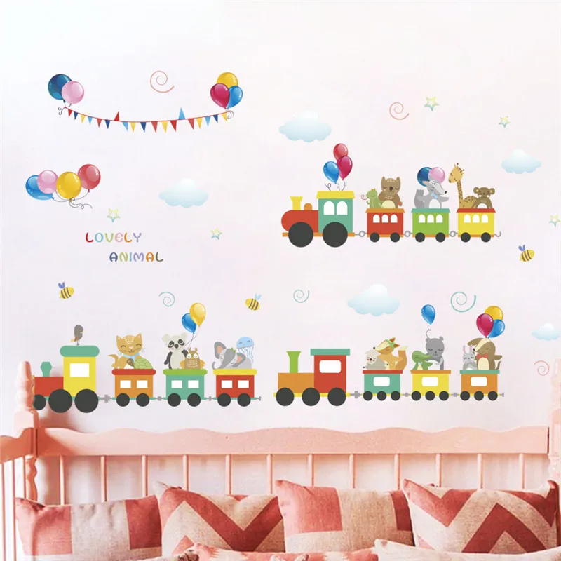 

Cute Animals Driving Train Wall Sticker For Kindergarten Kids Room Home Decor Cartoon Safari Mural Art Diy Pvc Decals