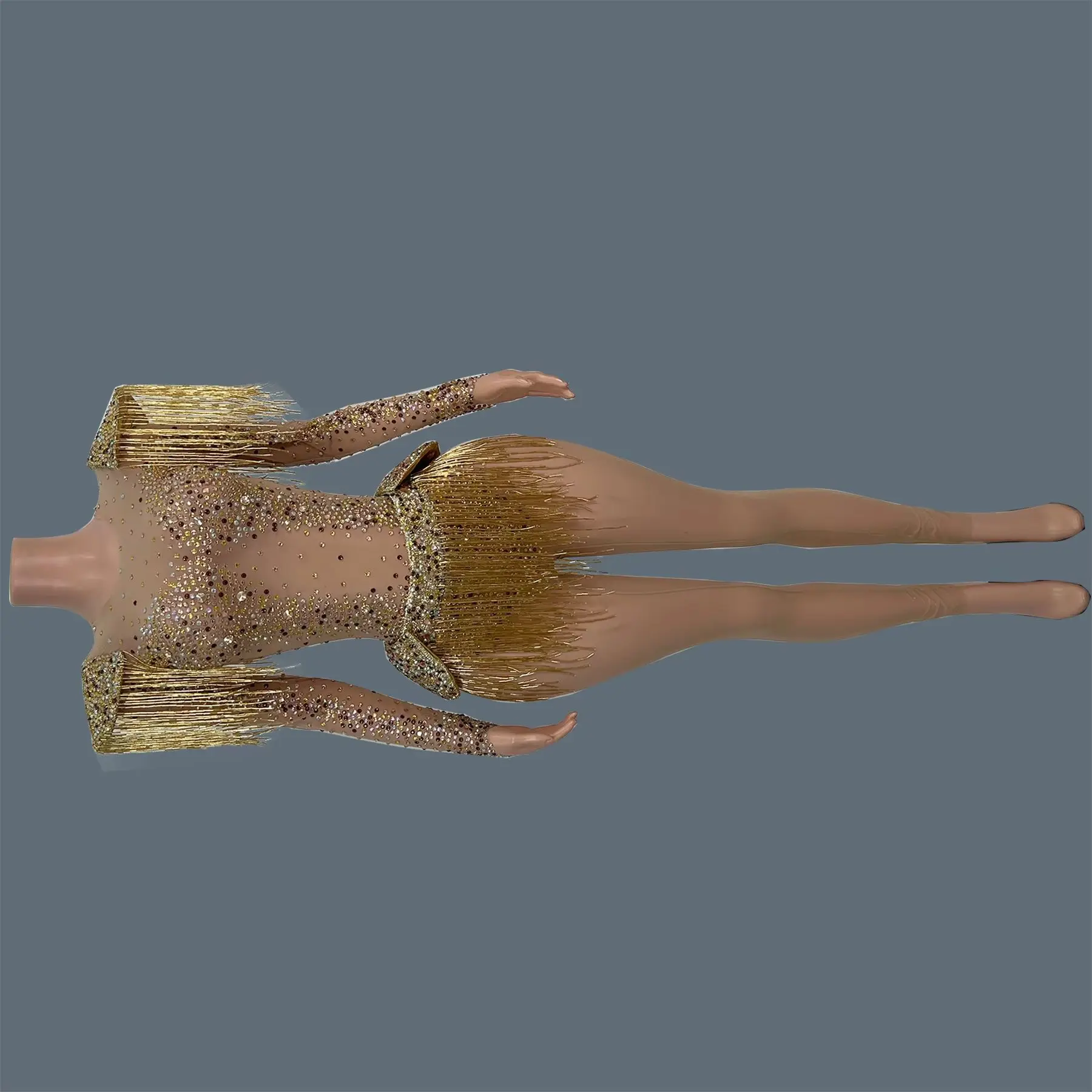 Sparkly Gold See Through Mesh Tight Fitting Jumpsuit Women Long Sleeve Fringe Shoulder Nightclub Party Dance Sexy Outfit Jinboli
