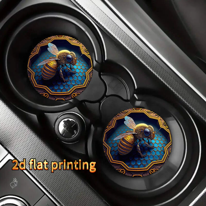 2D Printed Coasters Featuring Two Honeycomb Bee Designs - Hexagonal Honeycomb Patterns With Cute Blue And Golden Bees, Durable C