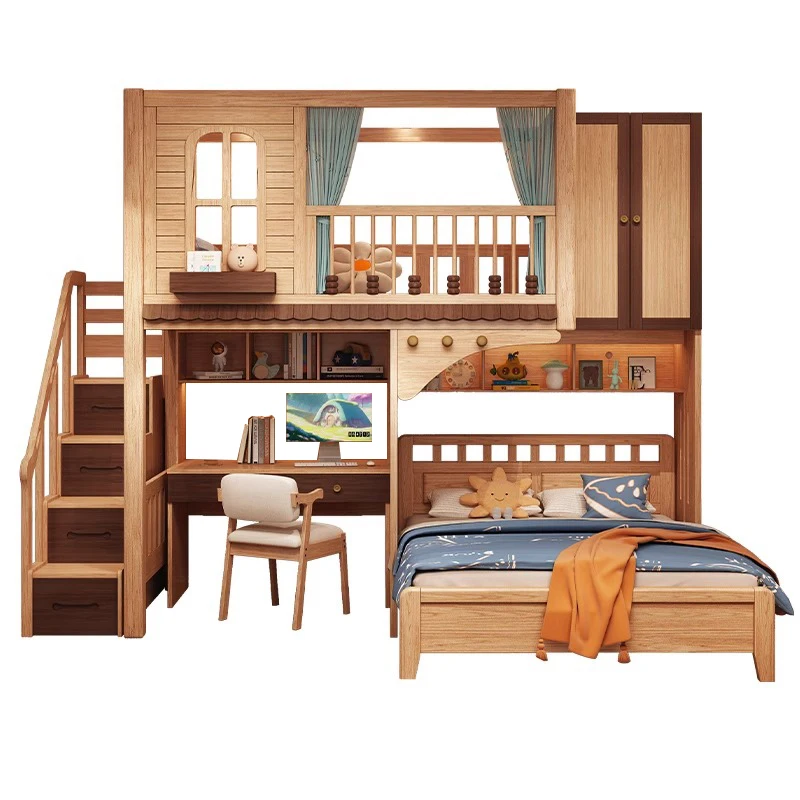 

Children's staggered bunk bed Small apartment All solid wood high and low child and mother beds