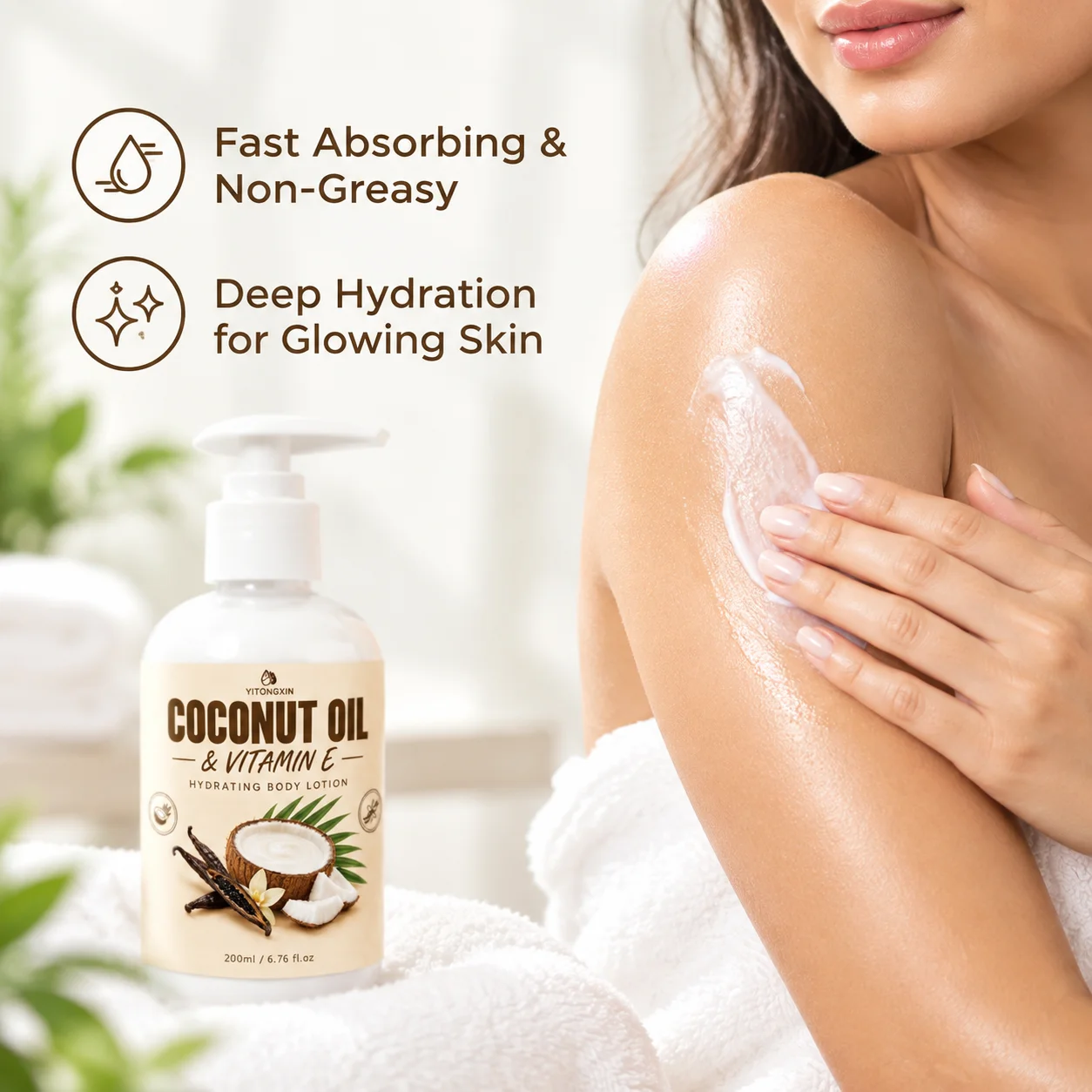 Coconut Oil & Vitamin E Body Lotion Hydrating Moisturizer Vanilla Coconut Milk Scent Fast Absorbing Daily Skincare