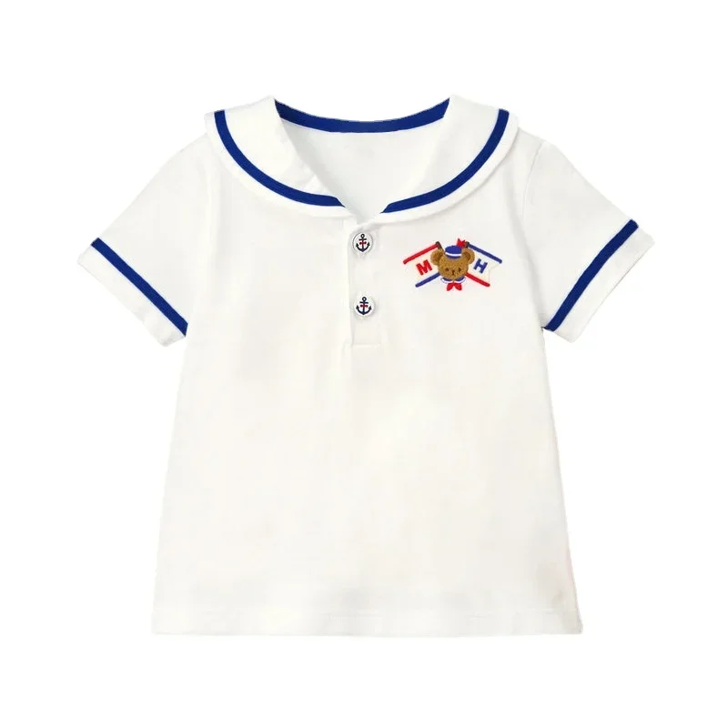 Cute Children's Clothing 2023 New Unisex Cartoon Bear Letter Embroidery Navy Collar Short Sleeve Shirt Underneath