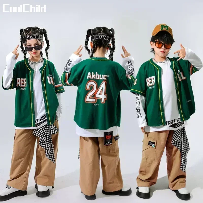 Boys Hip Hop Baseball Jacket Plaid Joggers Pants Girls Street Dance Cool Coat Streetwear Children Jazz Clothes Set Kids Costumes