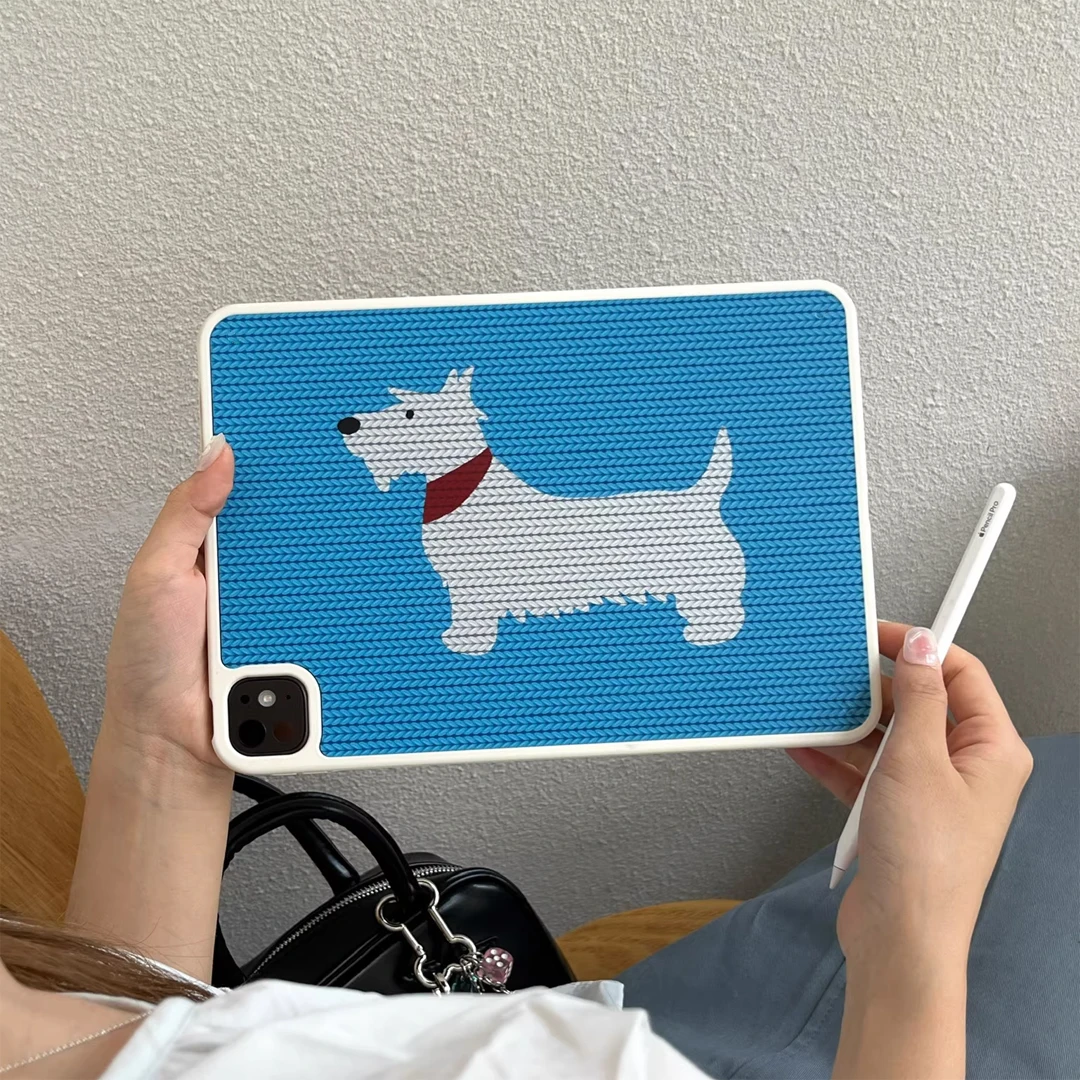 Beige Edge Woven Blue Dog Korean Ins Design For iPad Case iPad Mini Pro 10 9 8 7 6 5 Air 2 1 Transparent Cover with Pencil Slot