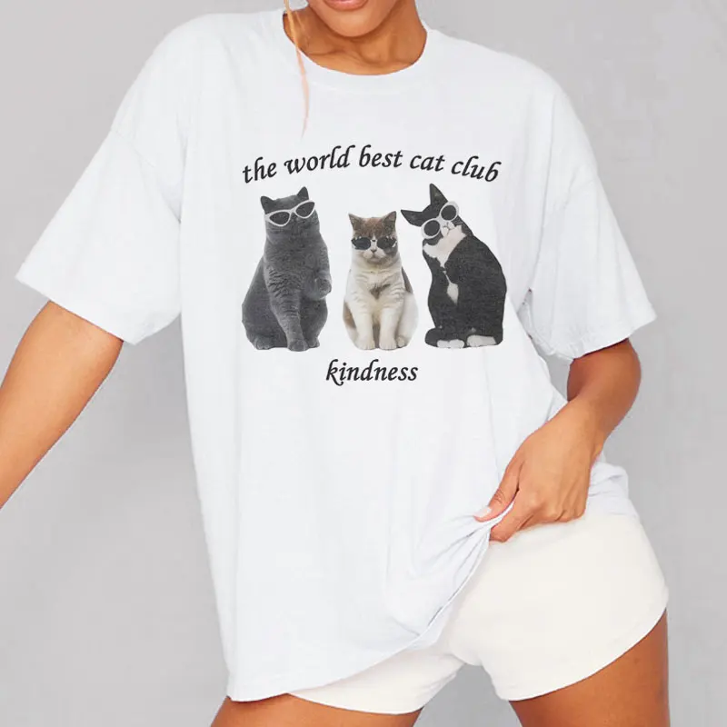 Women Oversized Cute Kitten Graphic Tees Harajuku Funny Cat Lover T Shirt Female Streetwear Y2k Graphic Tops Korean Tees Clothes