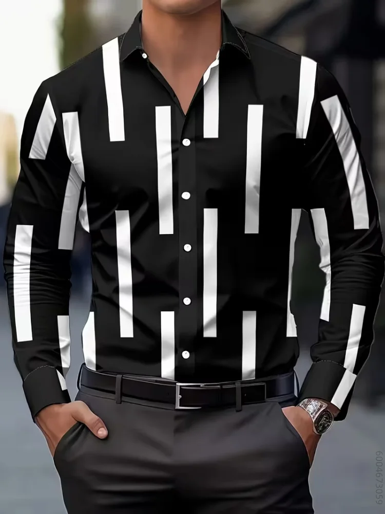 Men's long sleeved shirt with an irregular collar and white vertical stripe printed top for daily commuting and casual wear
