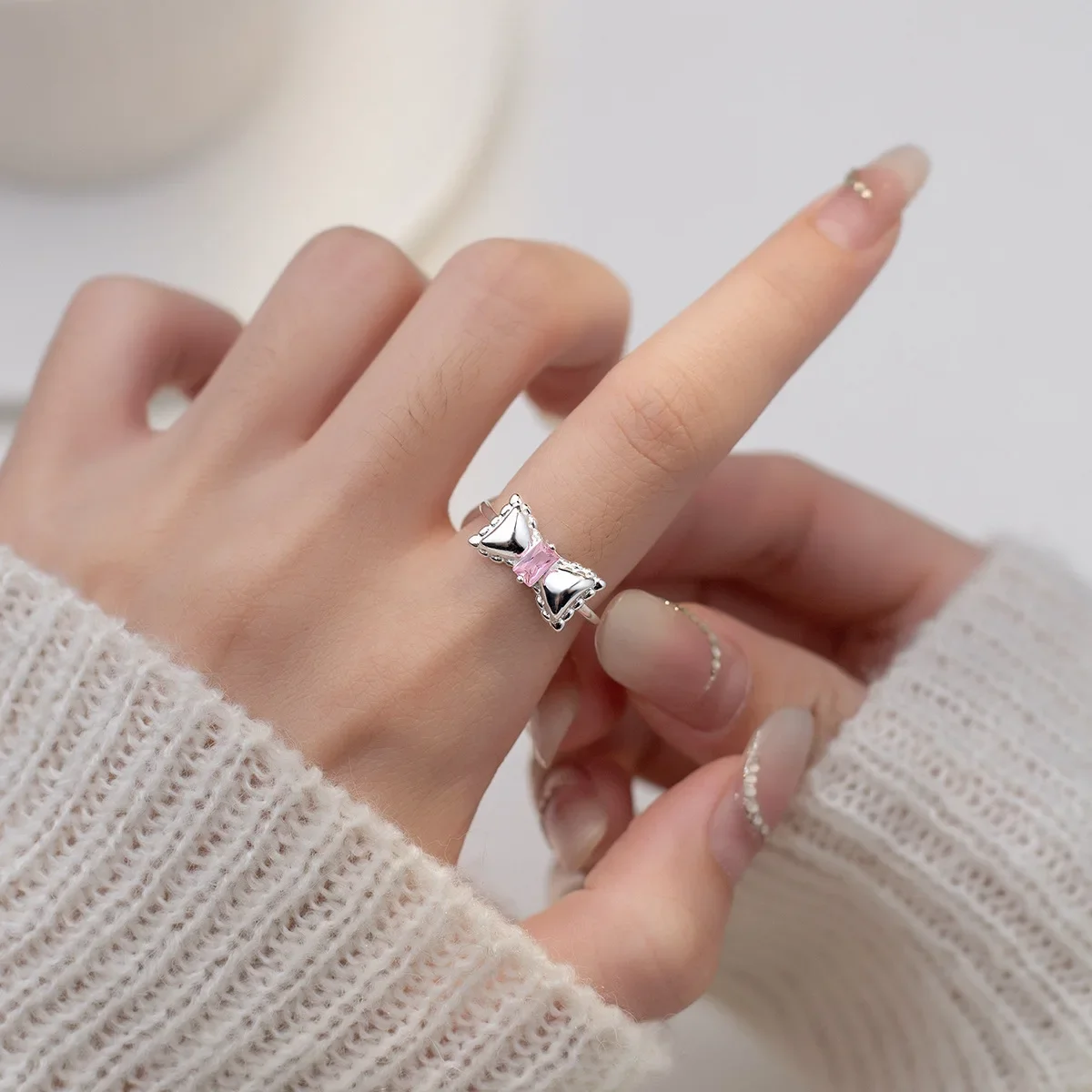 

925 Sterling Silver Princess Bow Pink Stone Rings for Women Girls Valentine's Day Adjustable Handmade Party Daily Jewelry Gift