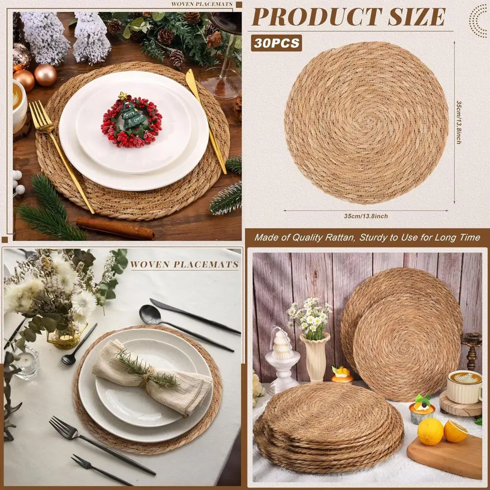 

Natural Woven Rattan Placemats, 13.8 Inch Diameter, Boho Style for Dinner Plates, Ideal for Home, Weddings, Parties, and Outdoor