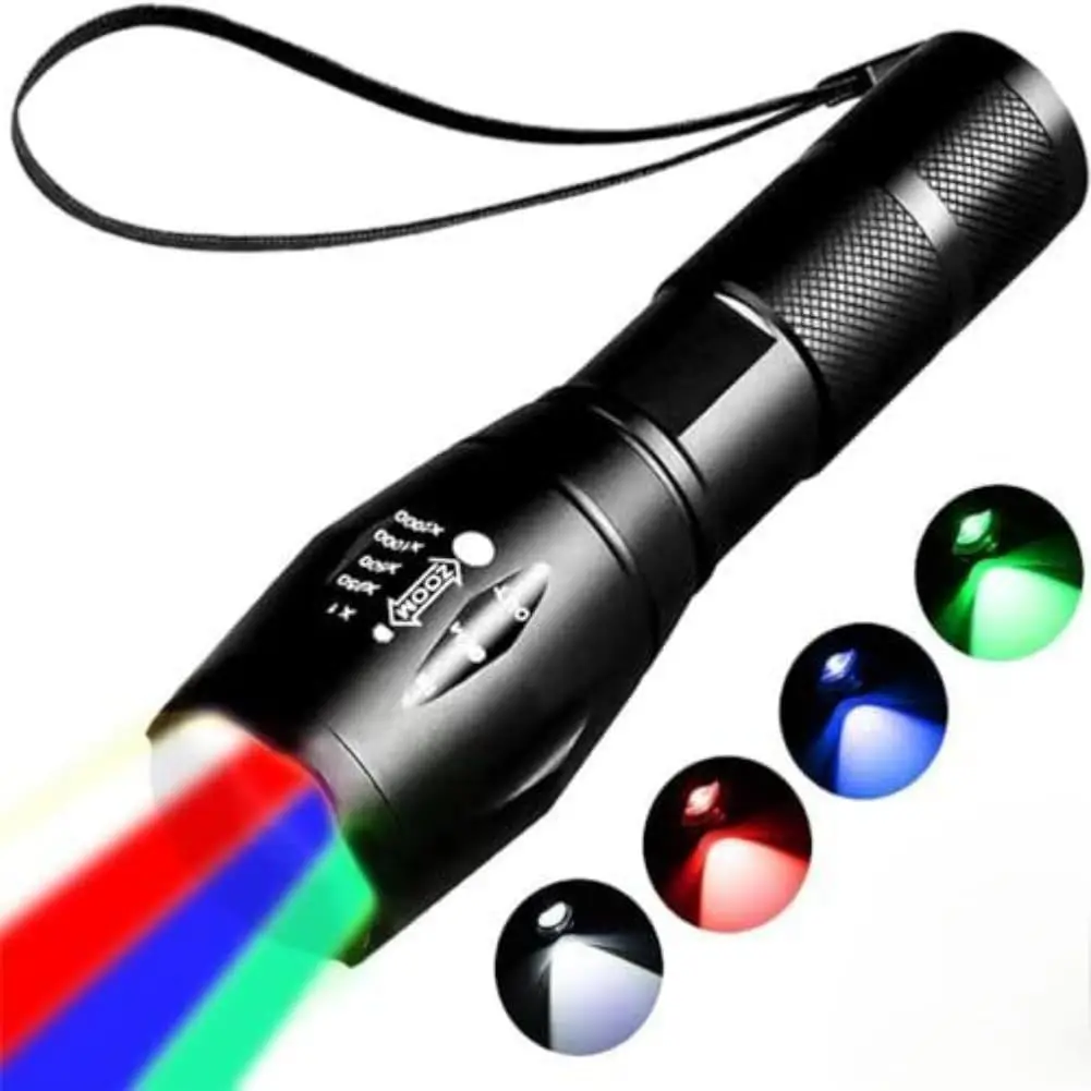 

4-in-1 Multicolor LED Flashlight Red Blue Green White Lamp Zoomable Waterproof Multicolor Flashlight for Fishing Camping Hunting