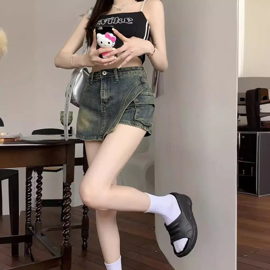 

Vintage High Waist A-Line Denim Skirt for Women Spring Design Sense Niche Hip Anti-Light Skirt