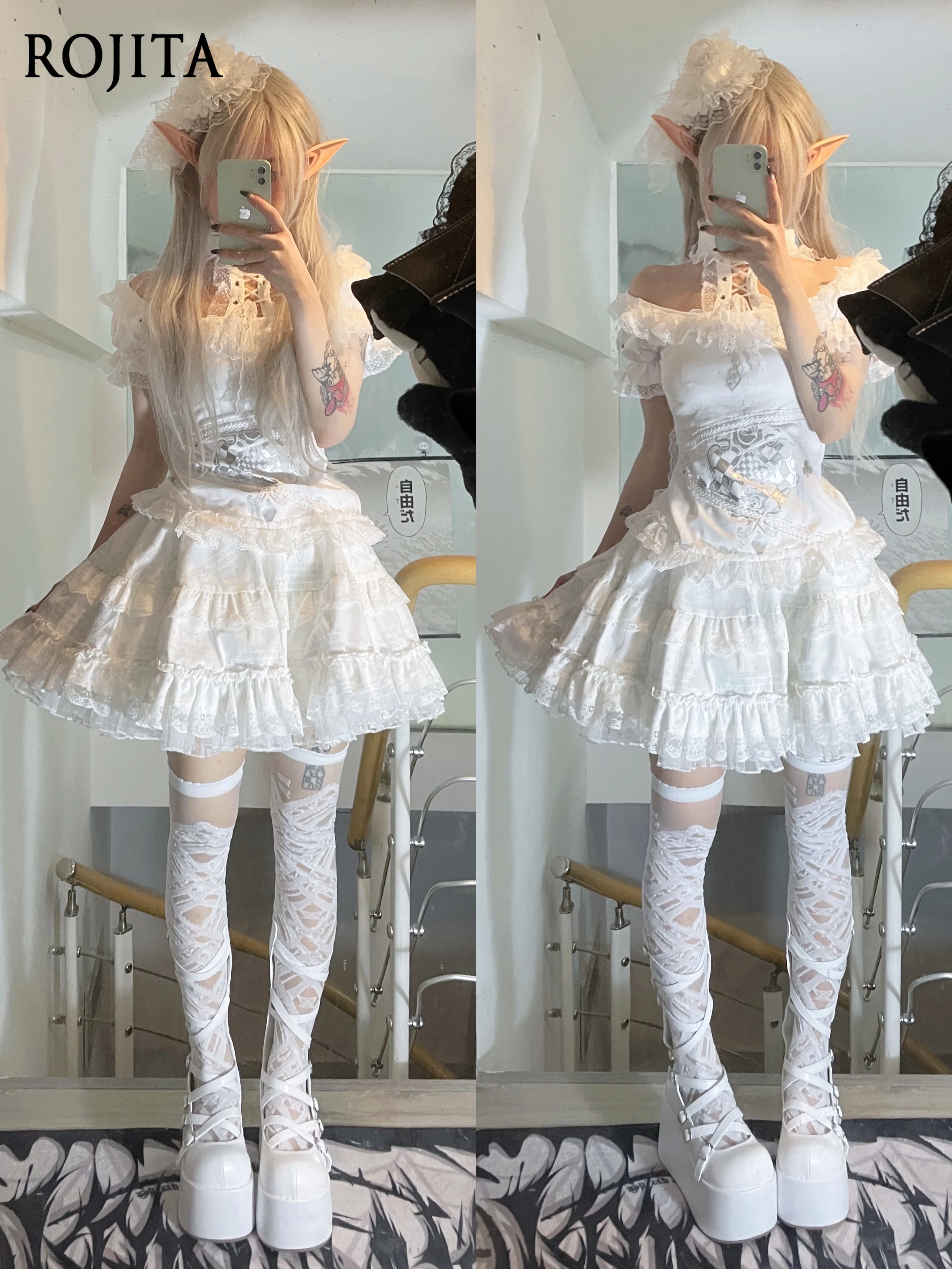 

White Subculture Halter Neck Off-Shoulder Short Sleeve Tops Cute Sweet Spicy Punk Gothic Hot Girl Back T-Shirt with Wings