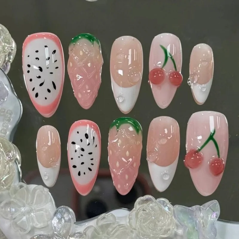 

24 шт. накладных ногтей с фруктовым принтом, 3D-дизайн клубники, вишни, драконьего фрукта, многоразовые накладные ногти, милый летний стиль, маникюр